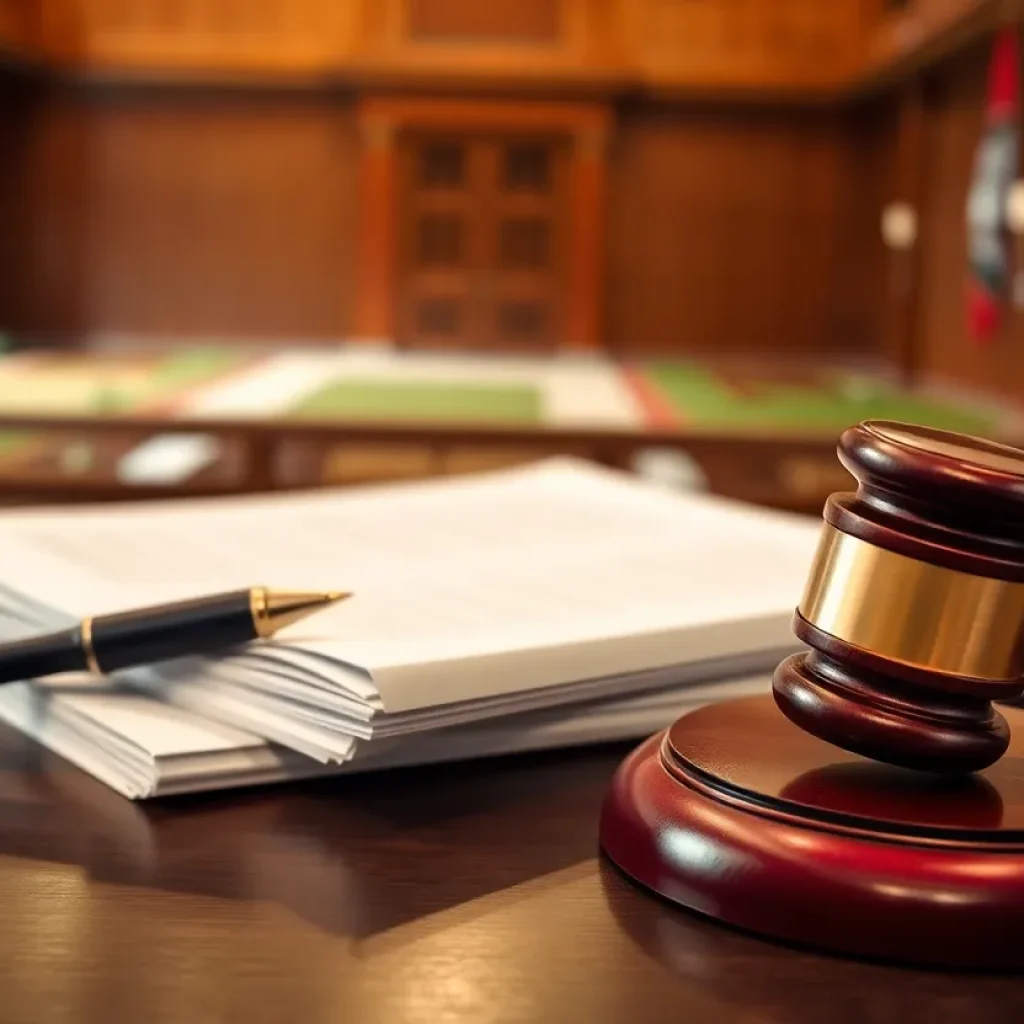 Courtroom with legal documents and a university campus background
