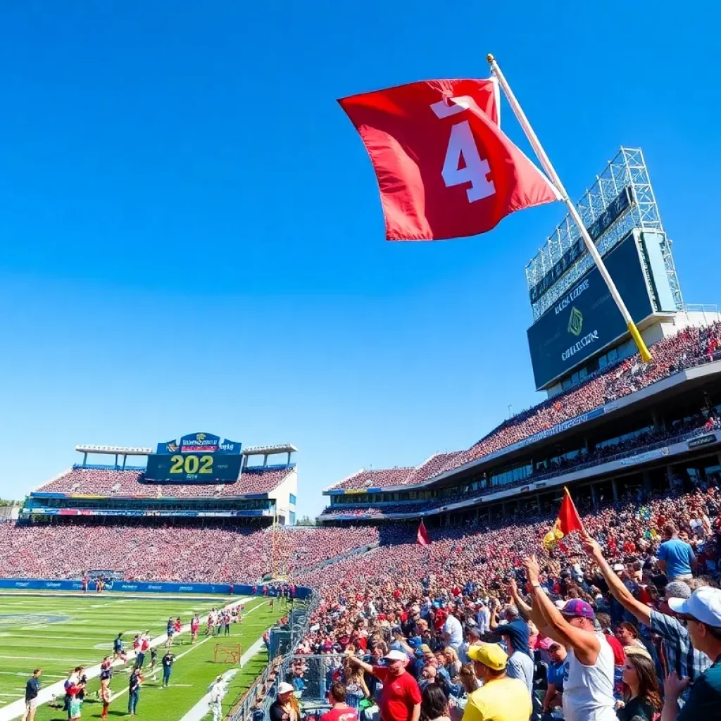Fans cheering at Deutsche Bank Park during a college football game.