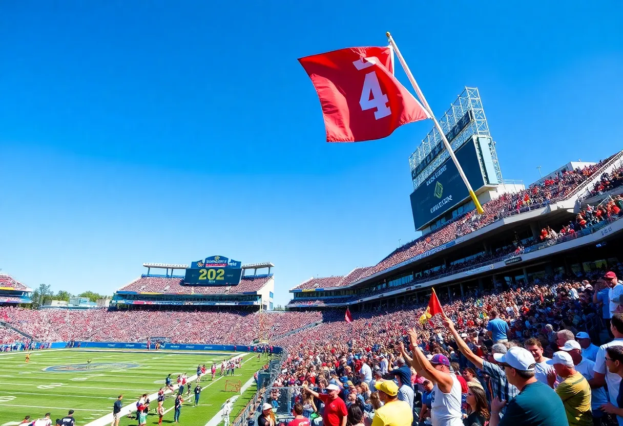 Fans cheering at Deutsche Bank Park during a college football game.