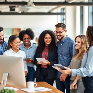 A diverse group of entrepreneurs working together in a modern office.