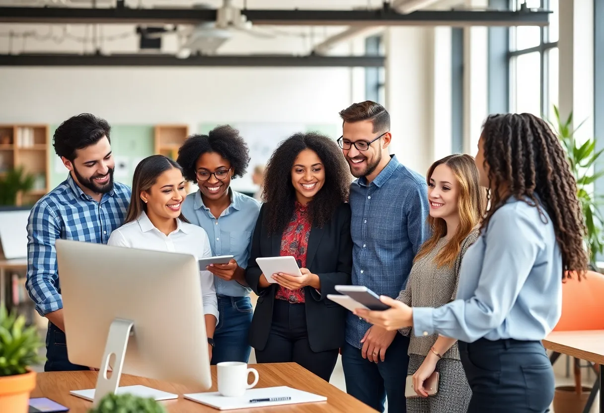 A diverse group of entrepreneurs working together in a modern office.