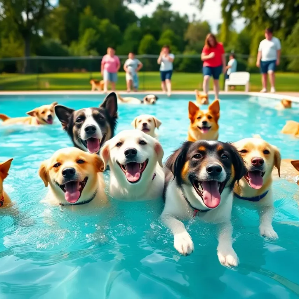 Dogs swimming in a pool during a fun event