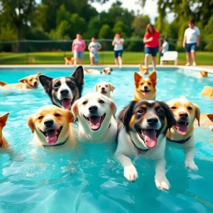 Dogs swimming in a pool during a fun event