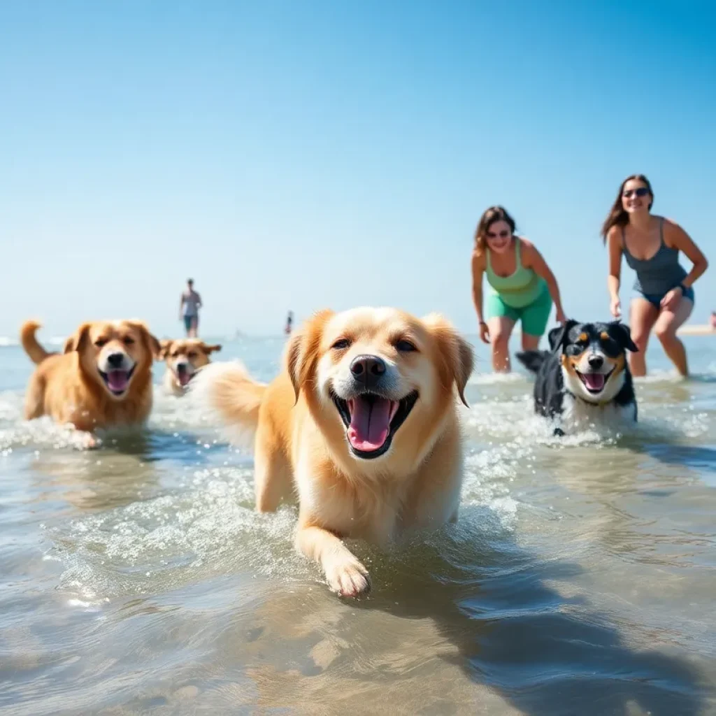 Dogs swimming and playing at a beach on a sunny day
