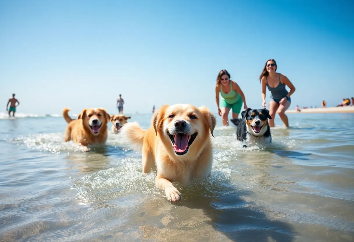Dogs swimming and playing at a beach on a sunny day