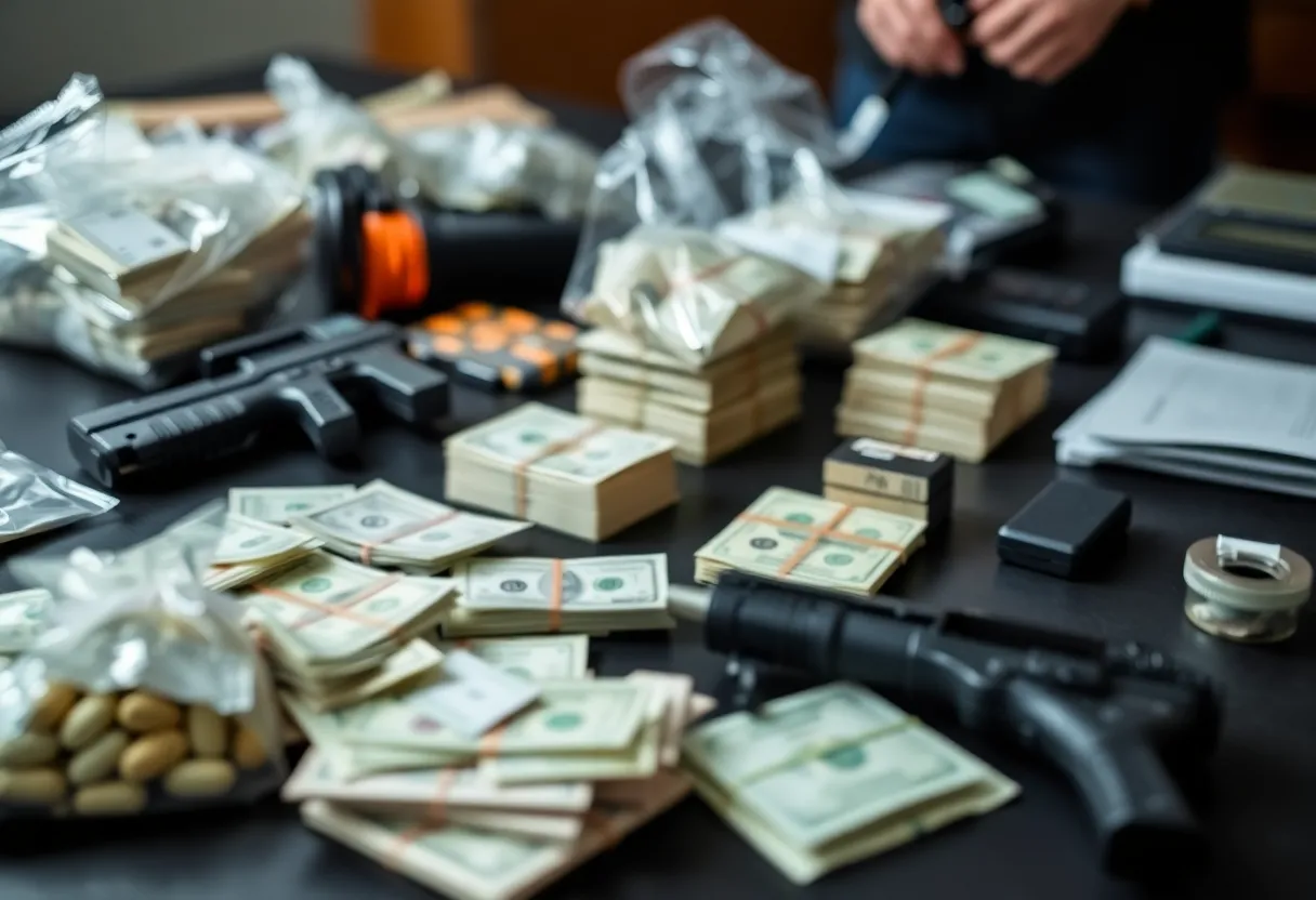 Seized drugs and cash related to drug trafficking enforcement in Michigan.