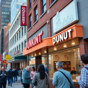 Customers enjoying coffee and doughnuts outside Dunkin' in downtown Grand Rapids