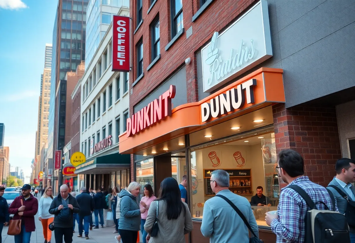 Customers enjoying coffee and doughnuts outside Dunkin' in downtown Grand Rapids
