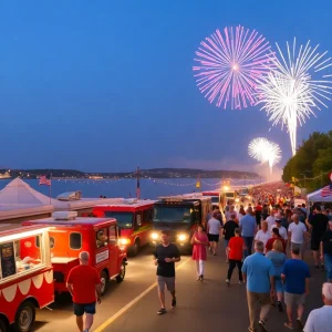 Community gathering with fireworks over Reeds Lake during Independence Day