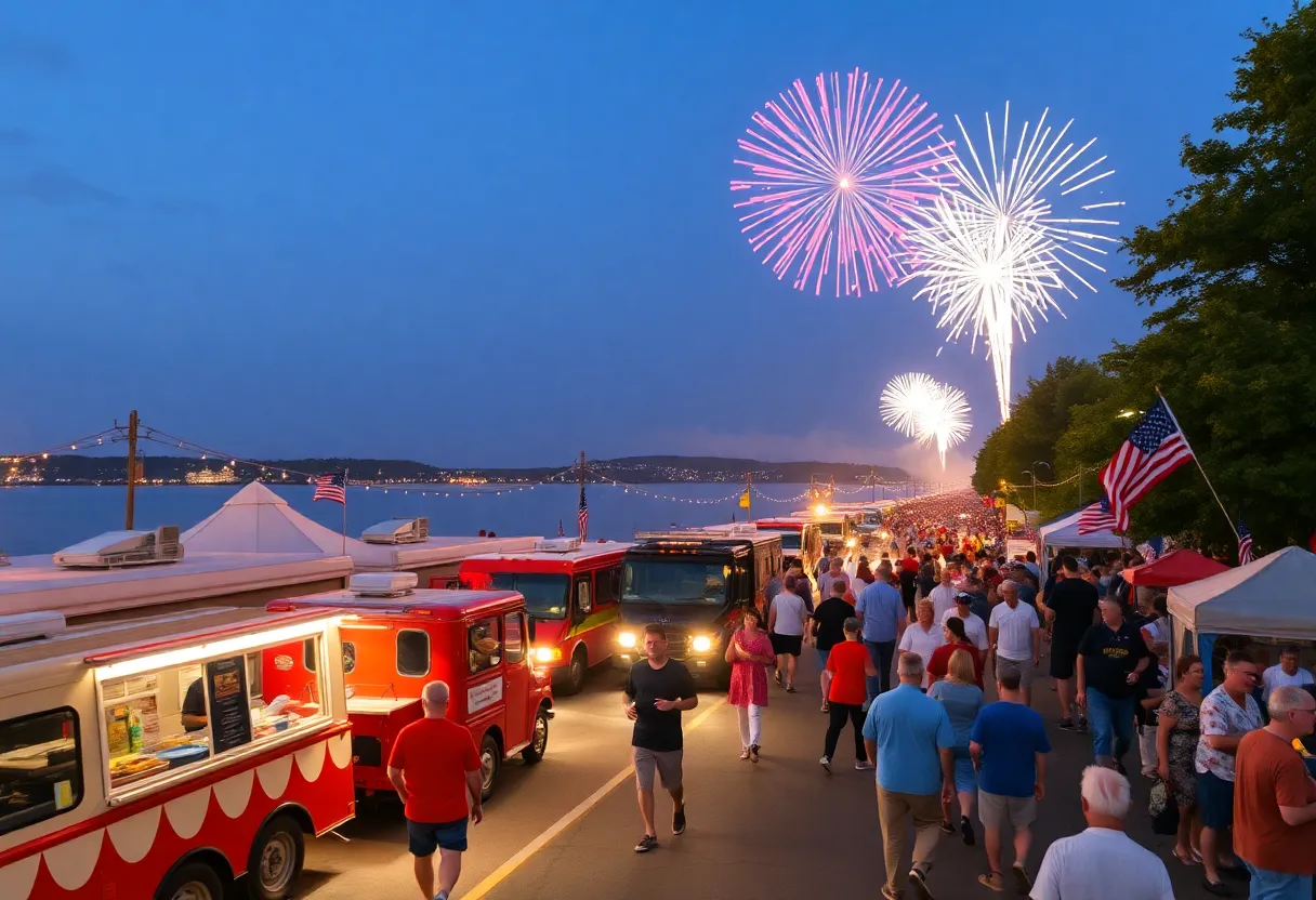 Community gathering with fireworks over Reeds Lake during Independence Day