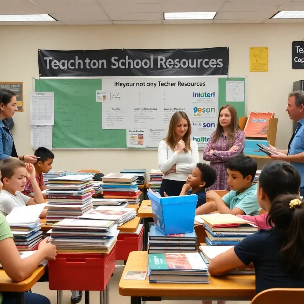 Teachers discussing resources in a classroom with school supplies