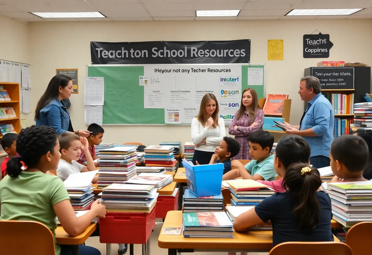 Teachers discussing resources in a classroom with school supplies