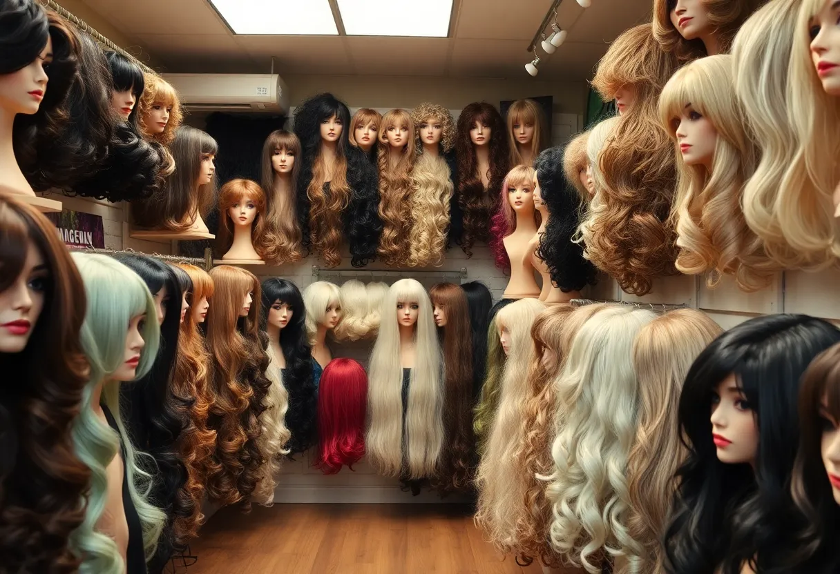 Interior of Elegance Wigs showcasing a variety of wigs