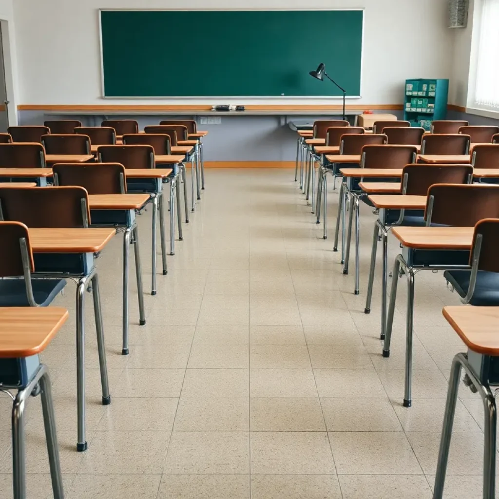 Classroom with empty desks representing budget cuts in schools