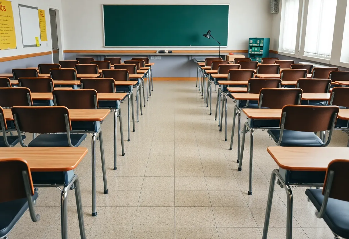 Classroom with empty desks representing budget cuts in schools