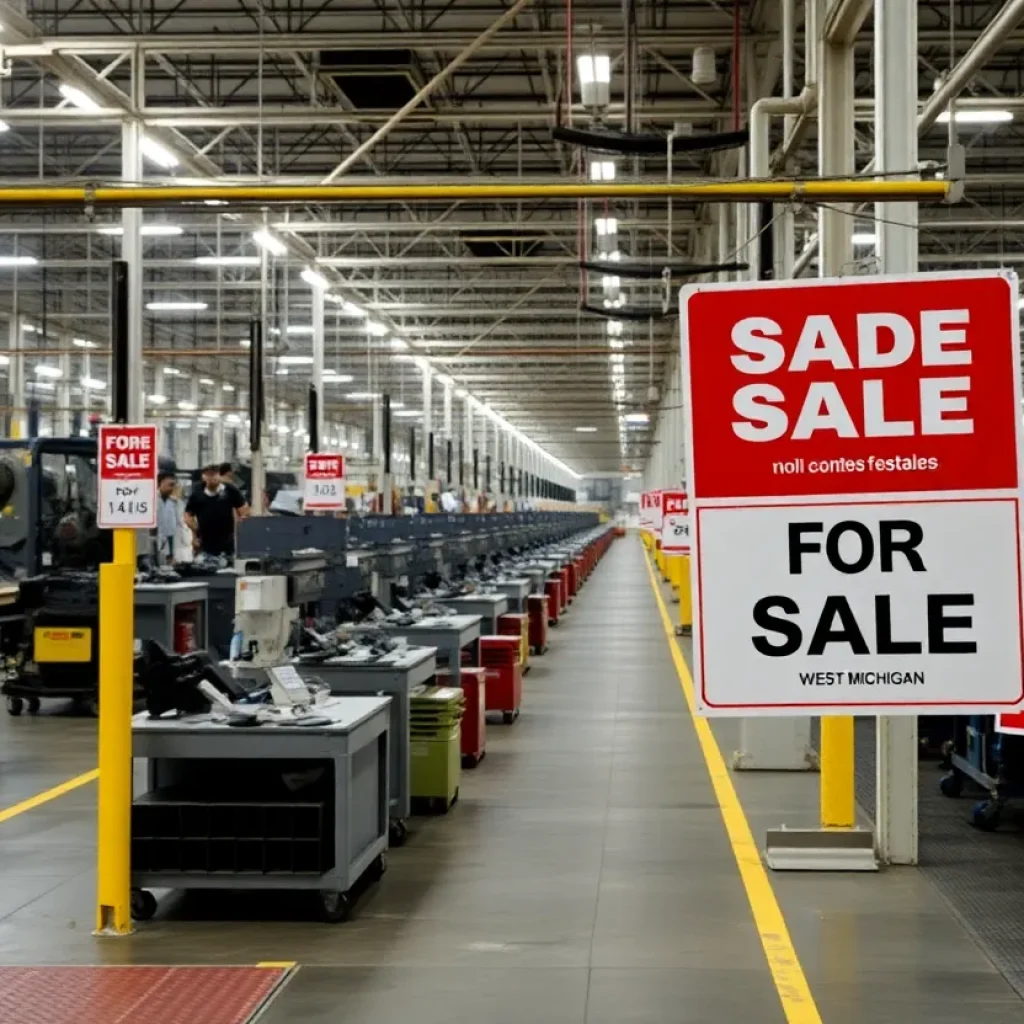 Empty assembly line in a factory representing job losses in West Michigan.