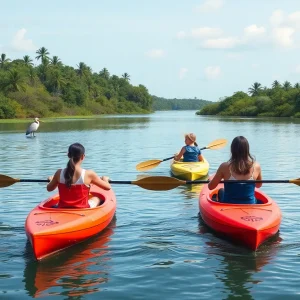 Families kayaking at Riverside Park during free paddle nights