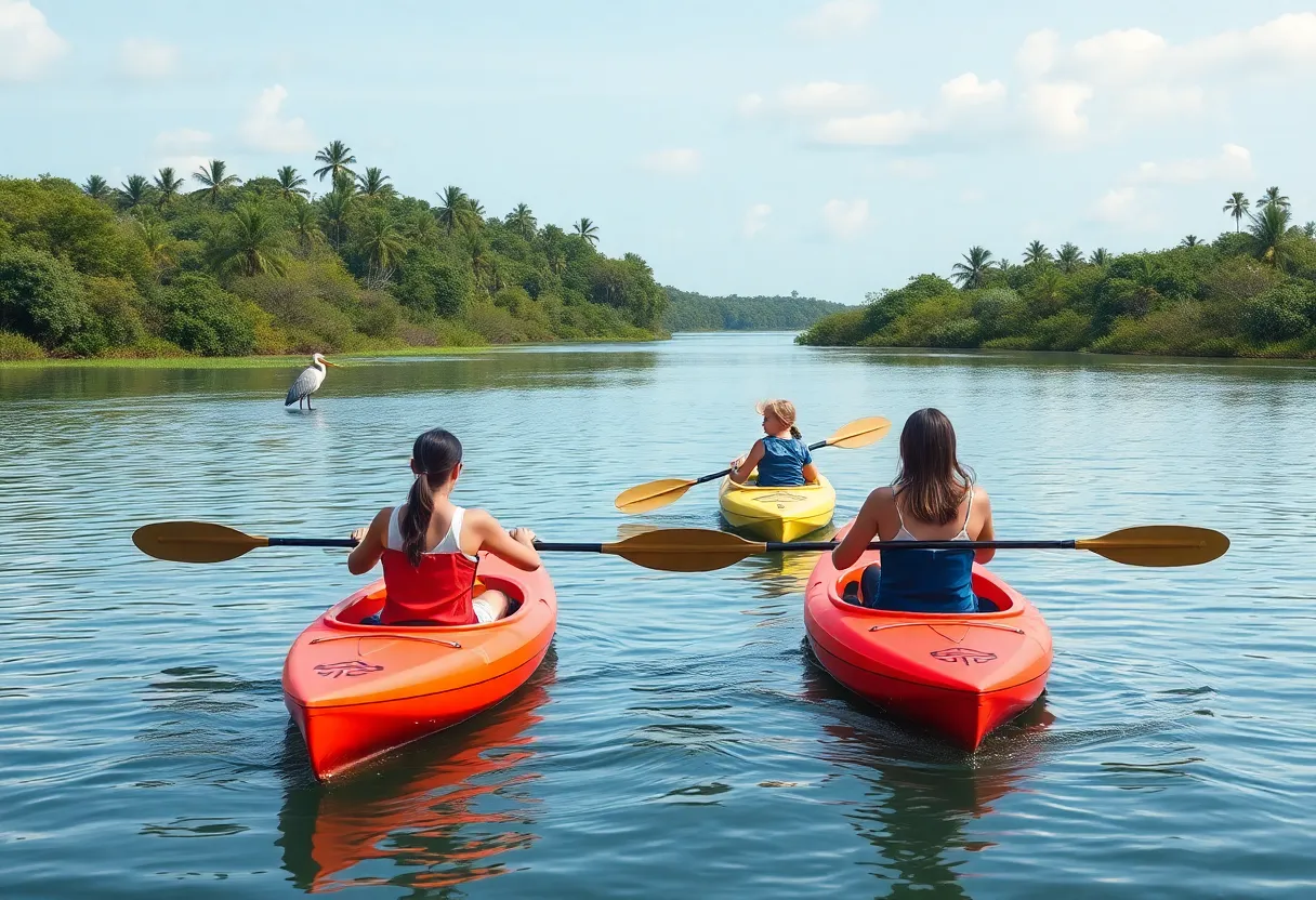 Families kayaking at Riverside Park during free paddle nights