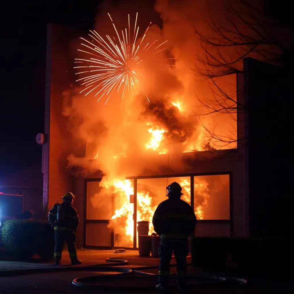 Firefighters battling a structure fire related to fireworks safety