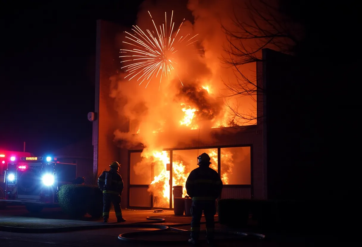 Firefighters battling a structure fire related to fireworks safety