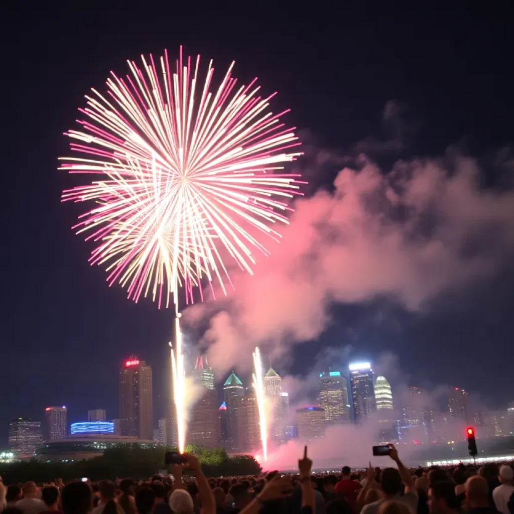Fireworks display over the Grand Rapids skyline during a holiday event.