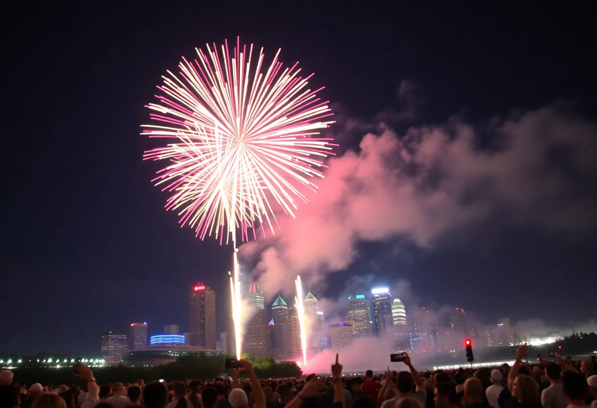 Fireworks display over the Grand Rapids skyline during a holiday event.