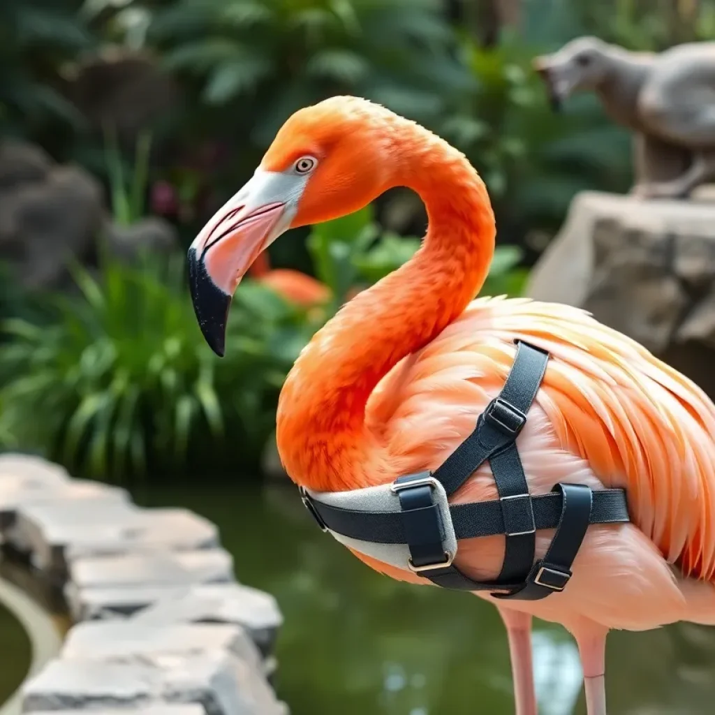 Chilean flamingo wearing a custom orthotic brace at the zoo