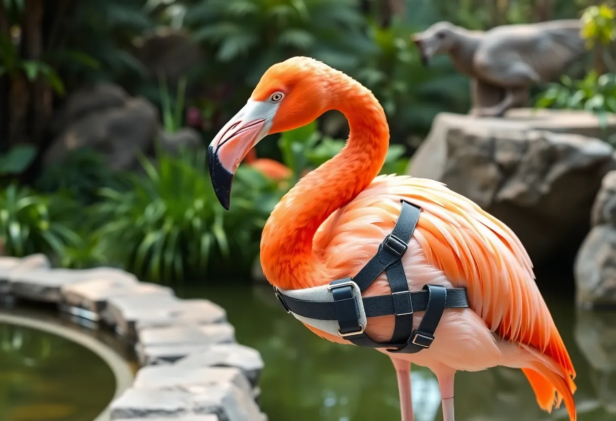 Chilean flamingo wearing a custom orthotic brace at the zoo