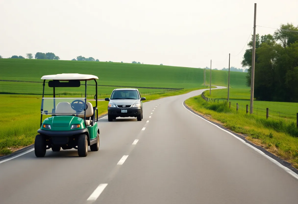 Rural road emphasizing golf cart safety