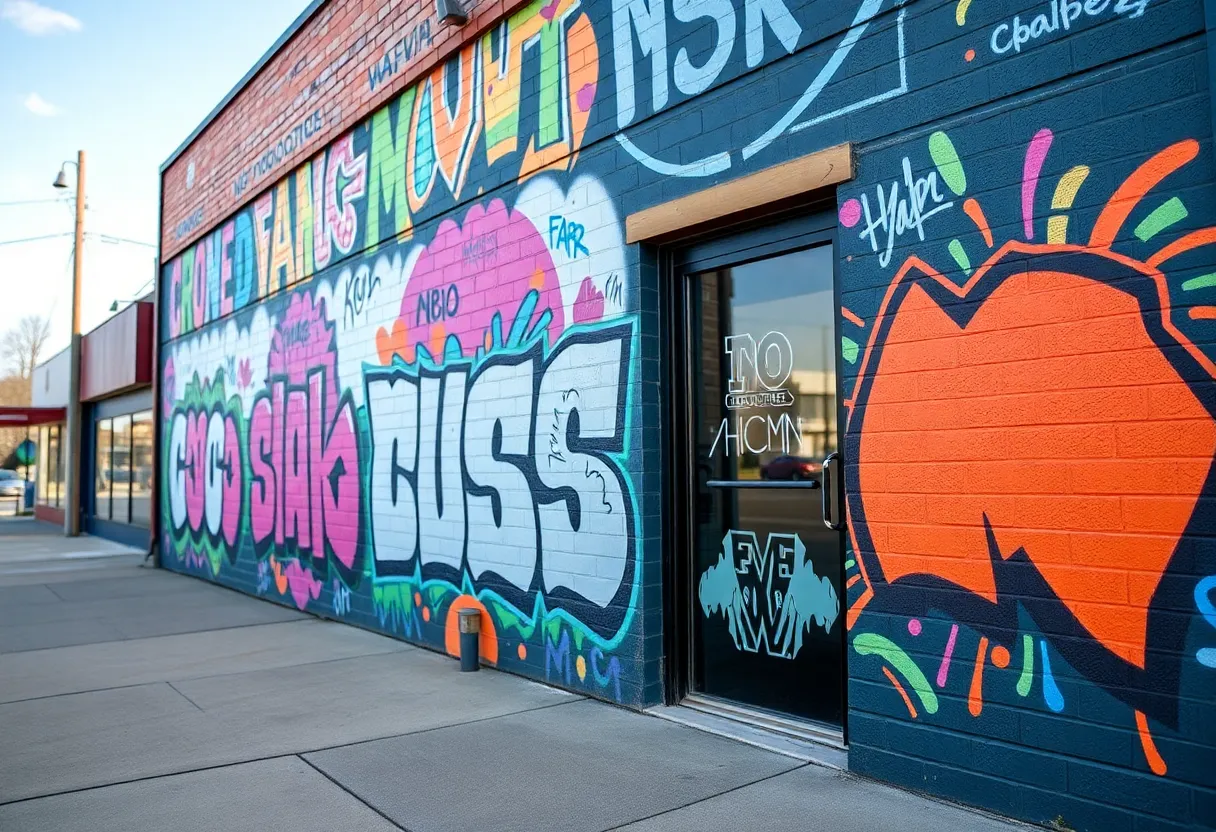 Graffiti artwork on a commercial building representing vandalism in Kent County Michigan
