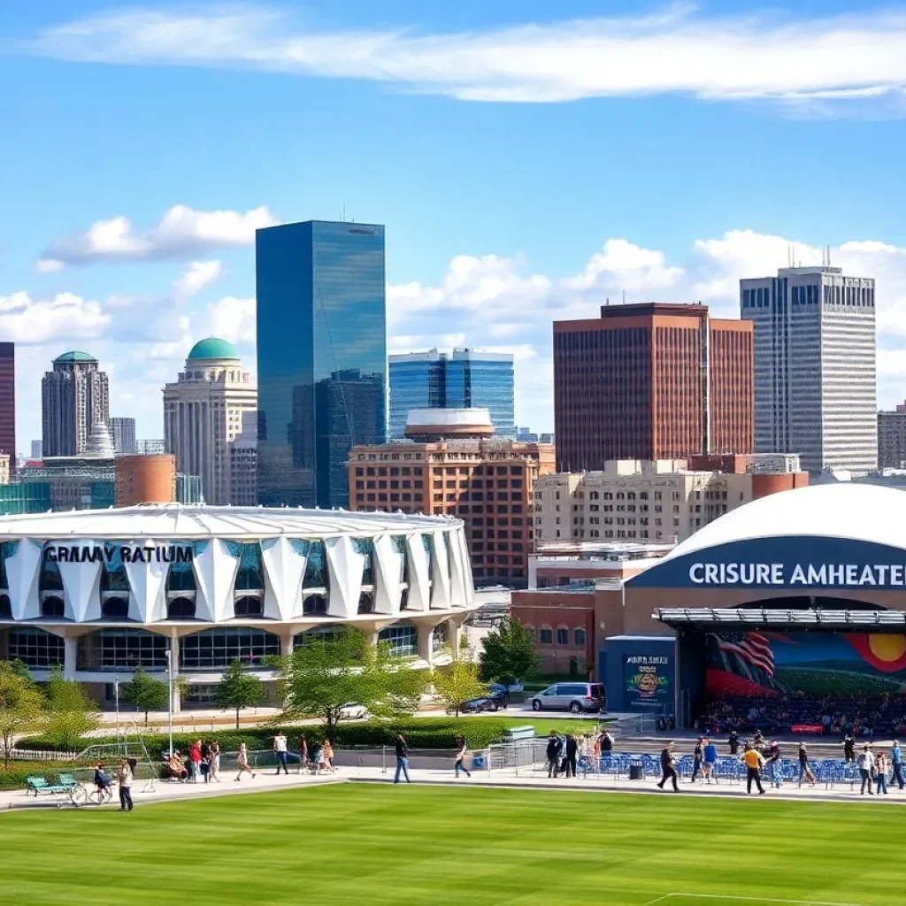 A view of Grand Rapids Michigan skyline with modern buildings and clear blue sky