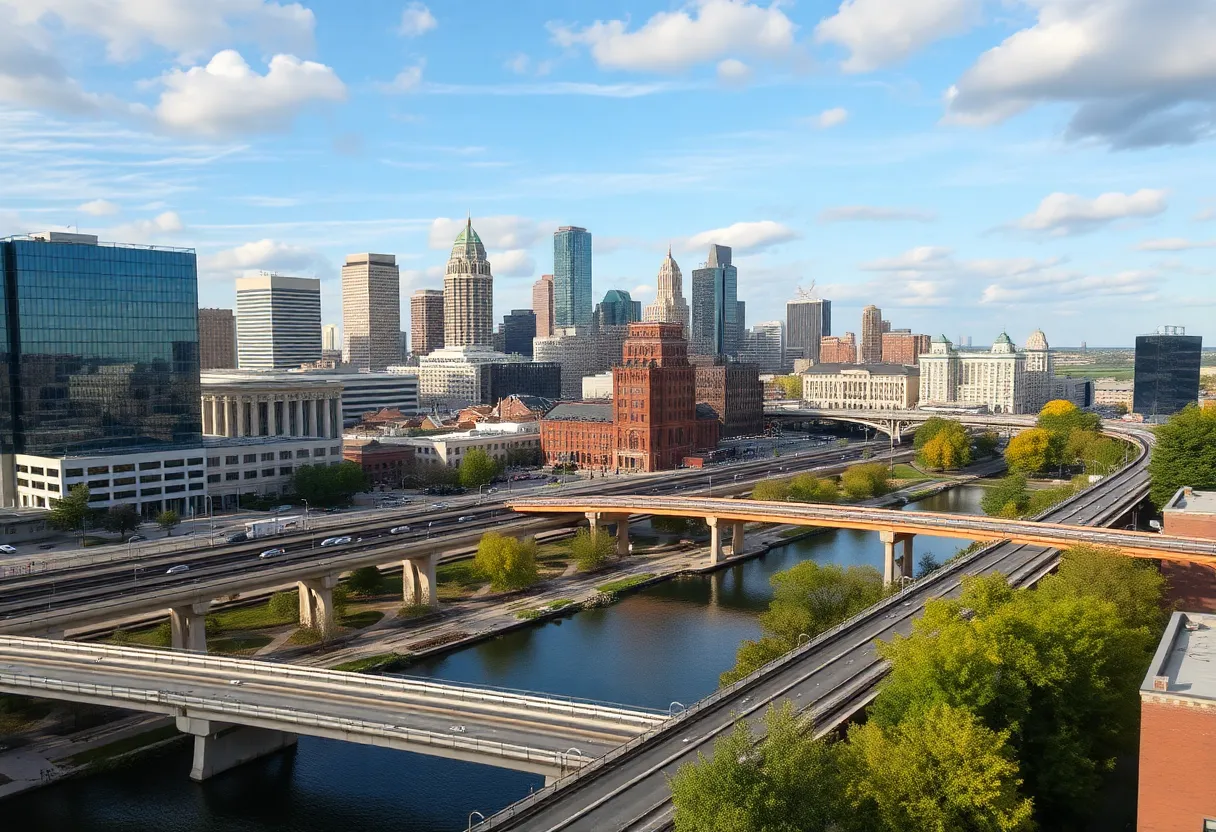A view of Grand Rapids Michigan skyline with modern buildings and clear blue sky