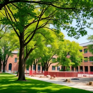 Landscape view of Grand Rapids Community College campus with trees and renovation area.
