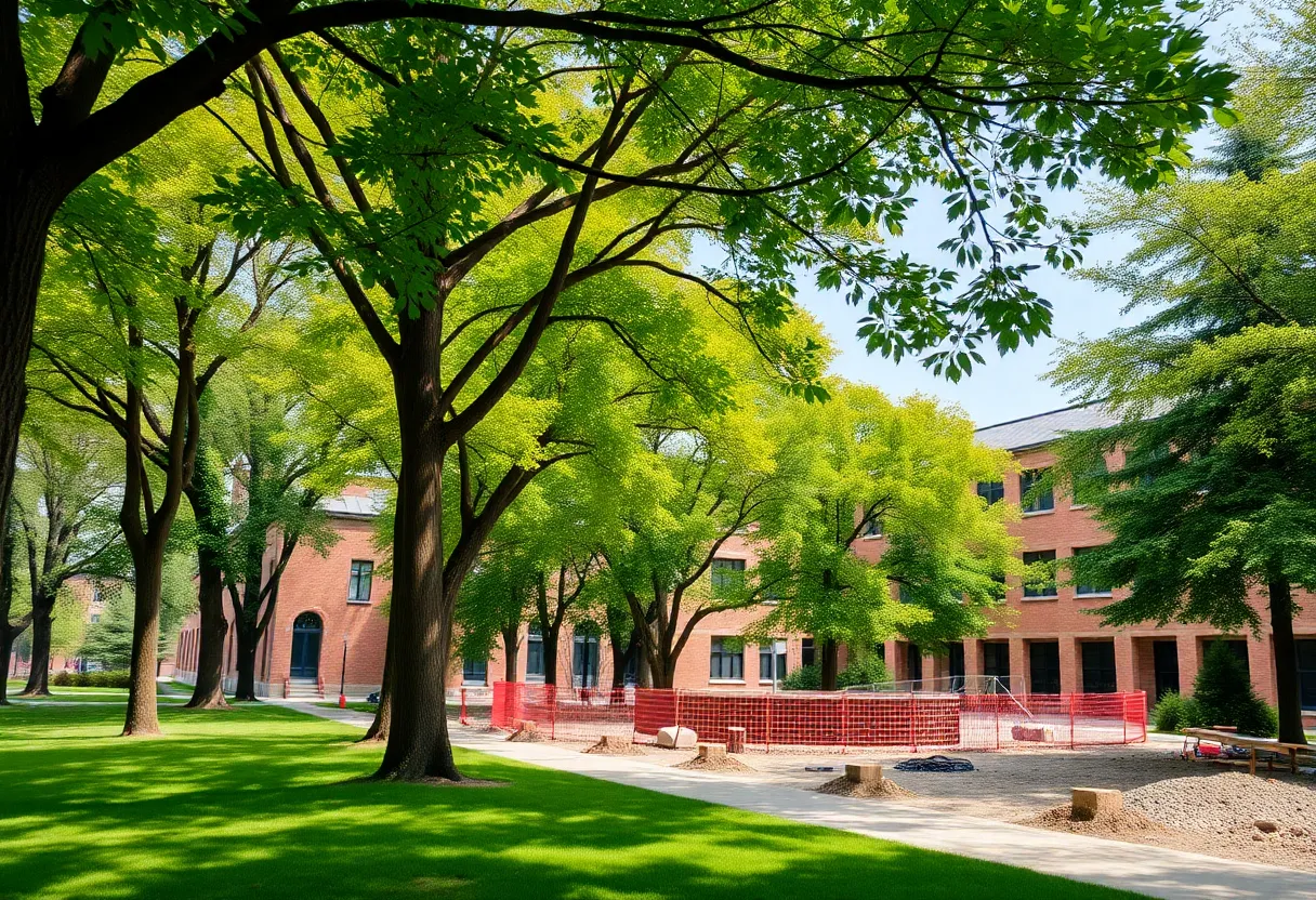 Landscape view of Grand Rapids Community College campus with trees and renovation area.