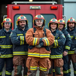 Firefighters standing in front of a fire station in Grand Rapids