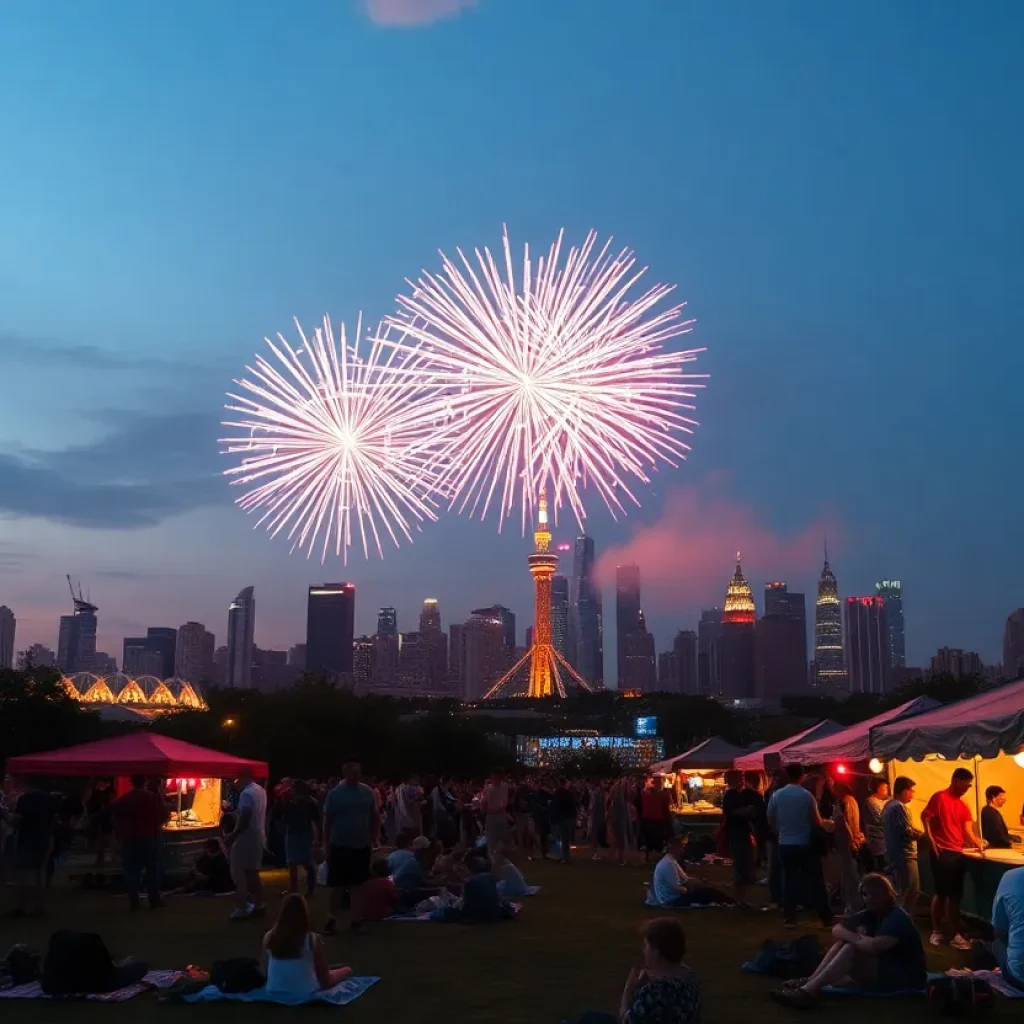 Fireworks exploding over Grand Rapids skyline with people viewing from a park