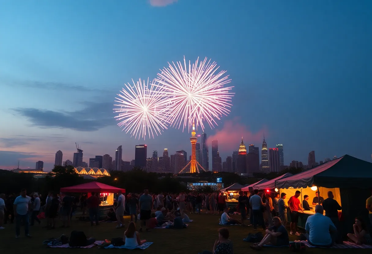Fireworks exploding over Grand Rapids skyline with people viewing from a park