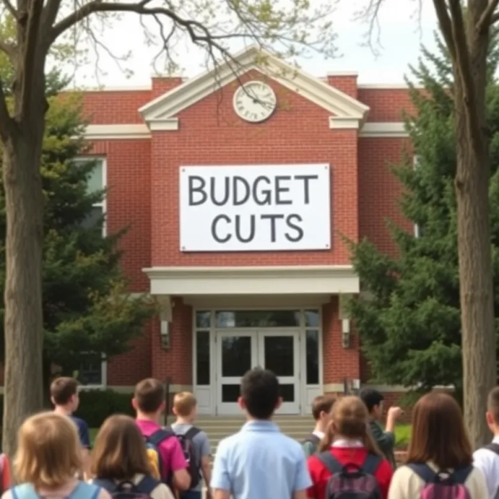 Grand Rapids Public Schools building with Budget Cuts sign