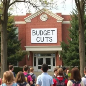 Grand Rapids Public Schools building with Budget Cuts sign