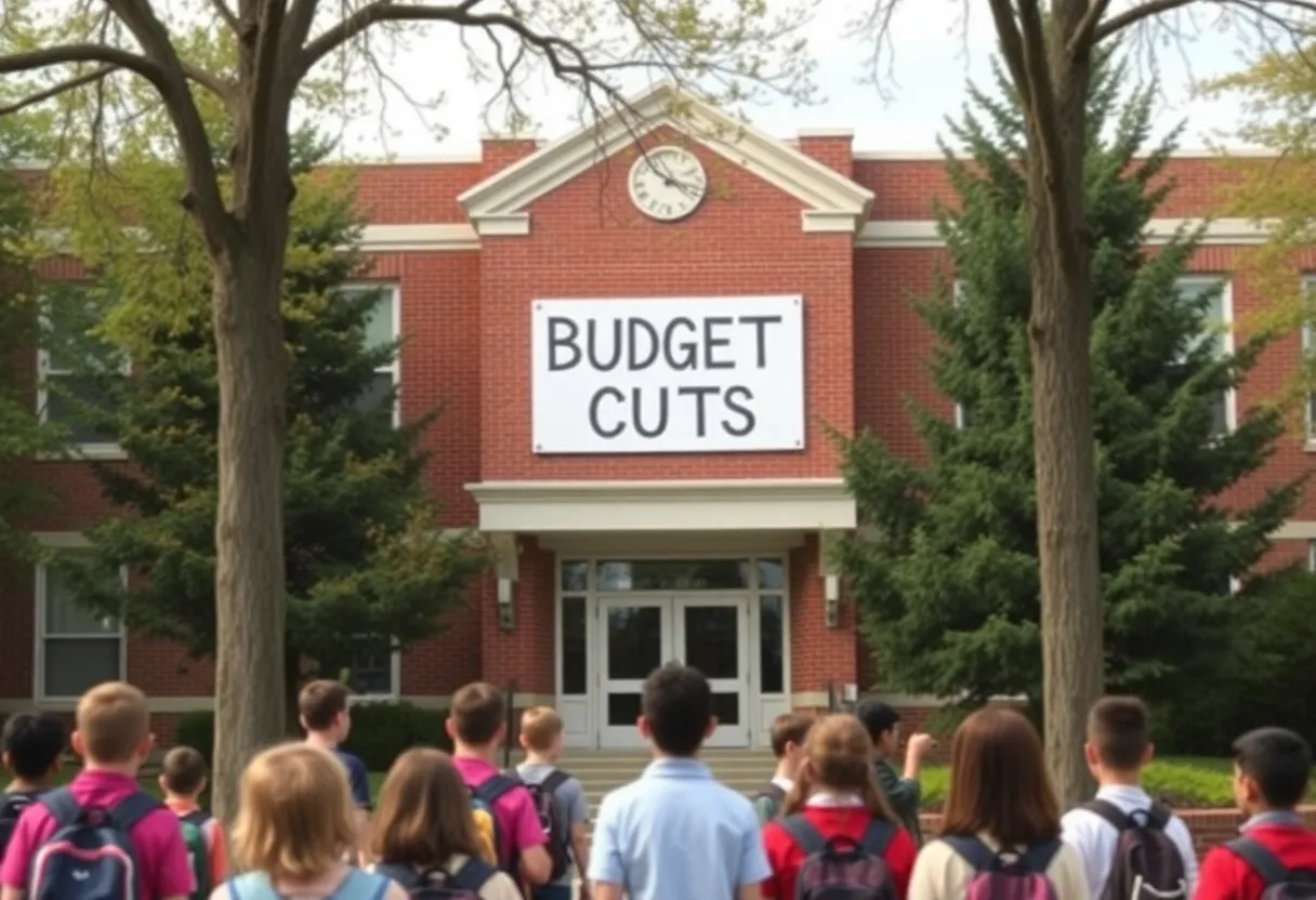 Grand Rapids Public Schools building with Budget Cuts sign