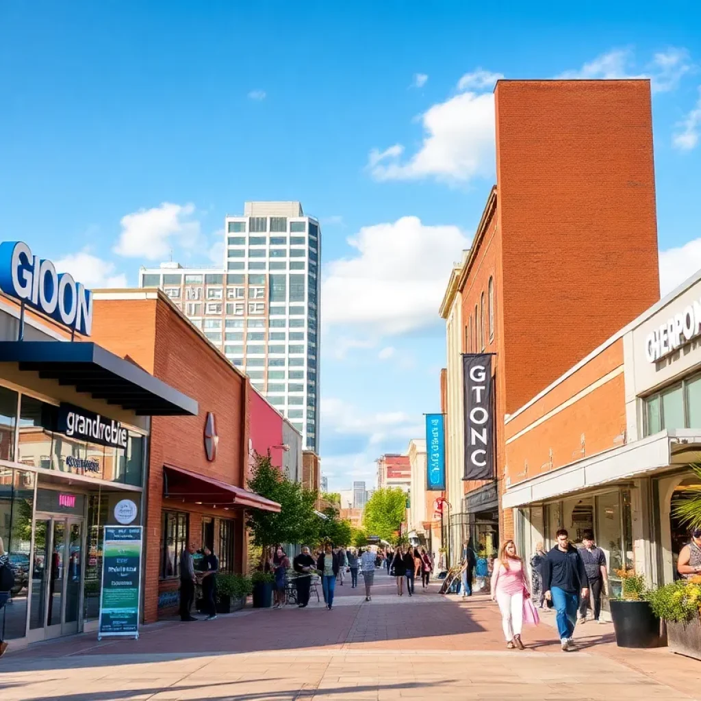 A busy retail area in Grand Rapids with shops and shoppers.