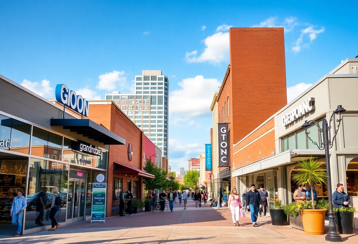 A busy retail area in Grand Rapids with shops and shoppers.