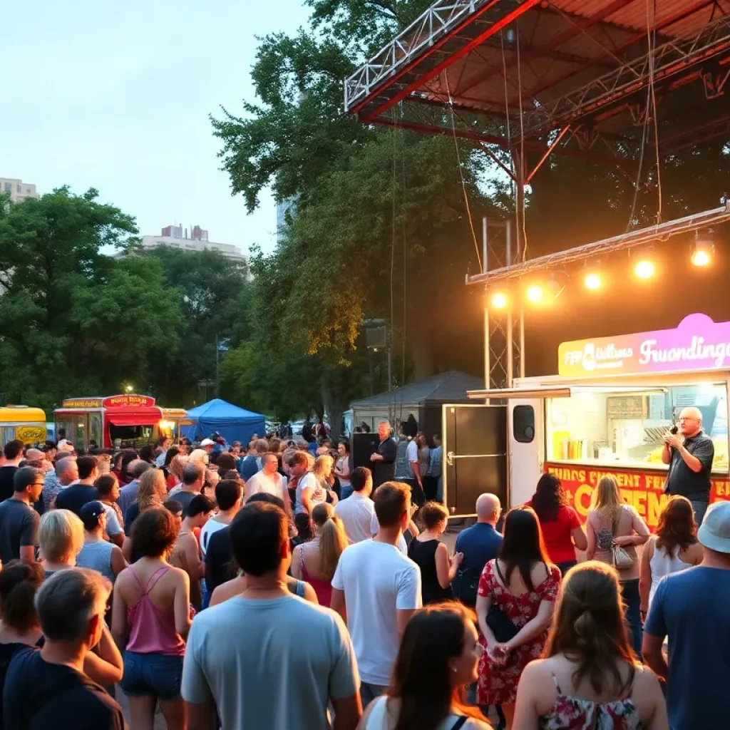Outdoor concert in Grand Rapids with food trucks and attendees enjoying the music.