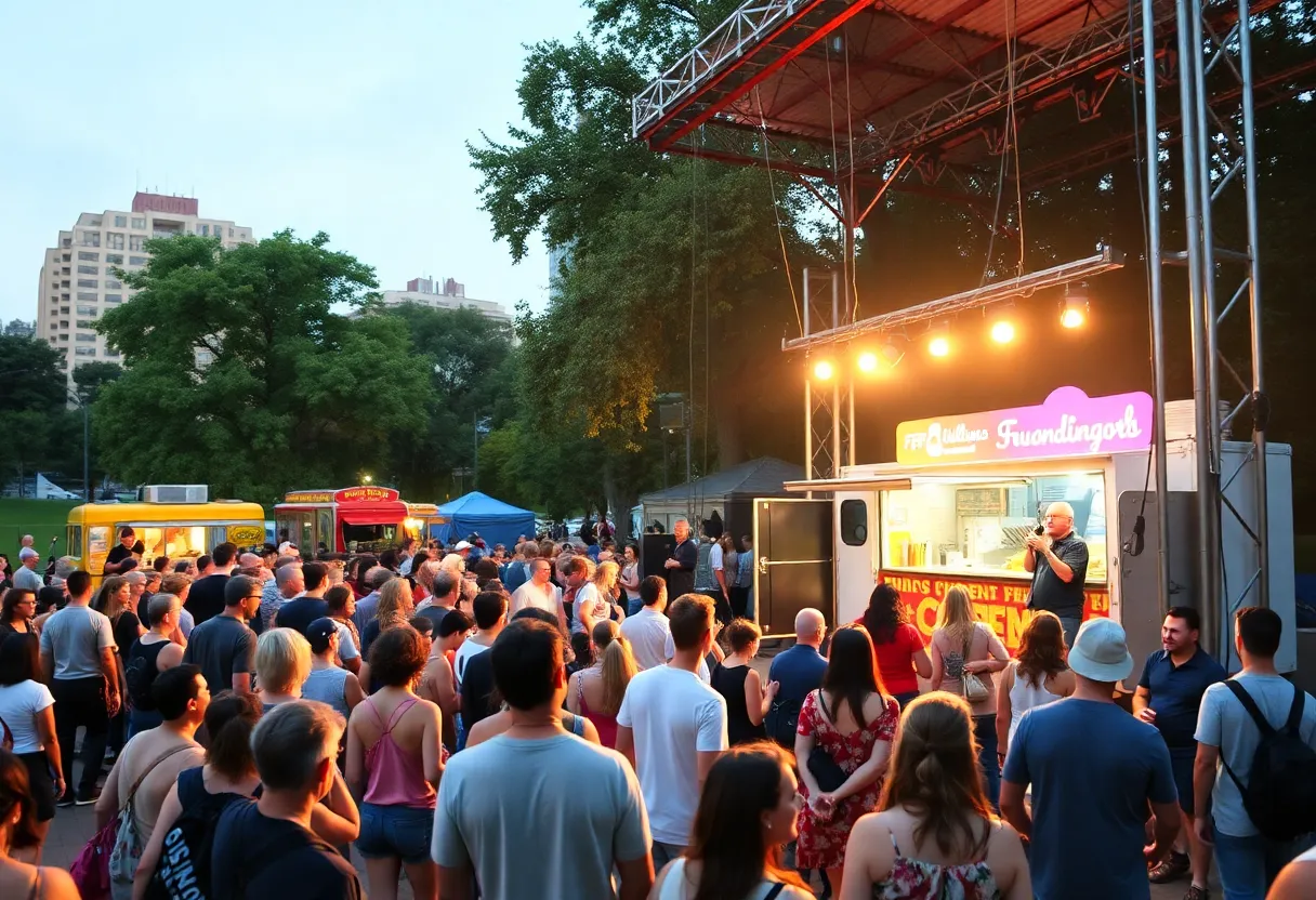 Outdoor concert in Grand Rapids with food trucks and attendees enjoying the music.