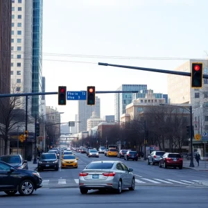 Busy intersection in Grand Rapids with vehicles and pedestrians