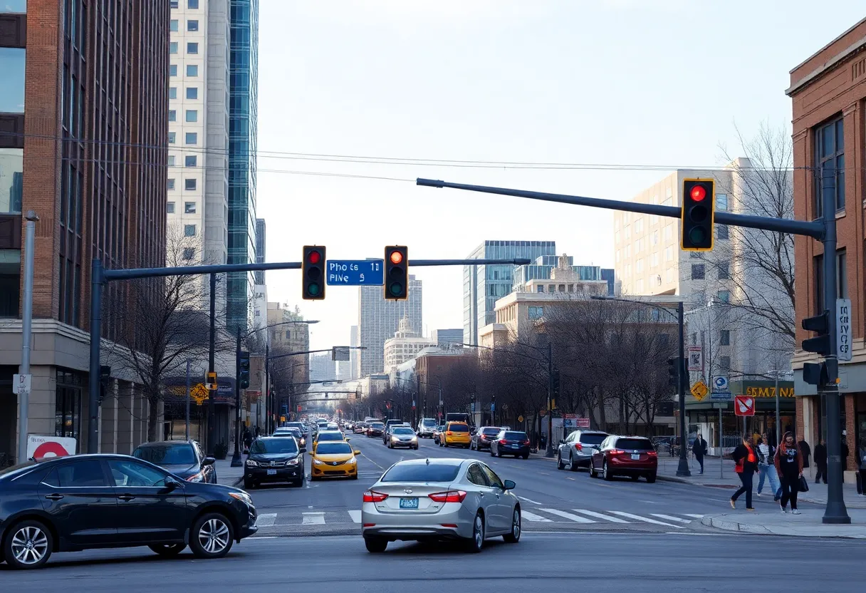 Busy intersection in Grand Rapids with vehicles and pedestrians