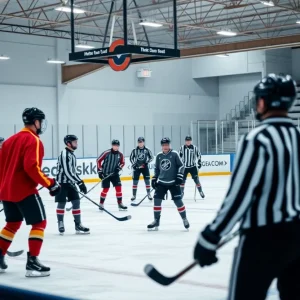 Young hockey players practicing on an ice rink