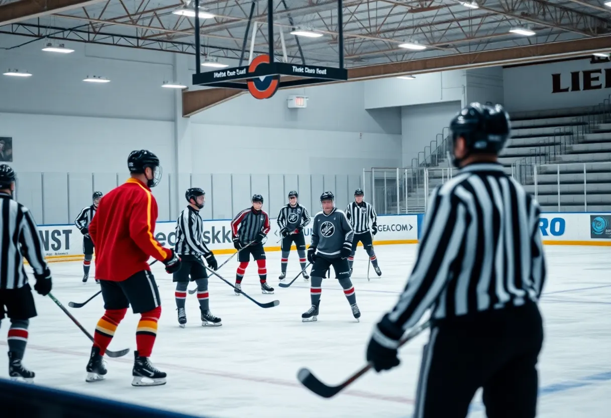 Young hockey players practicing on an ice rink