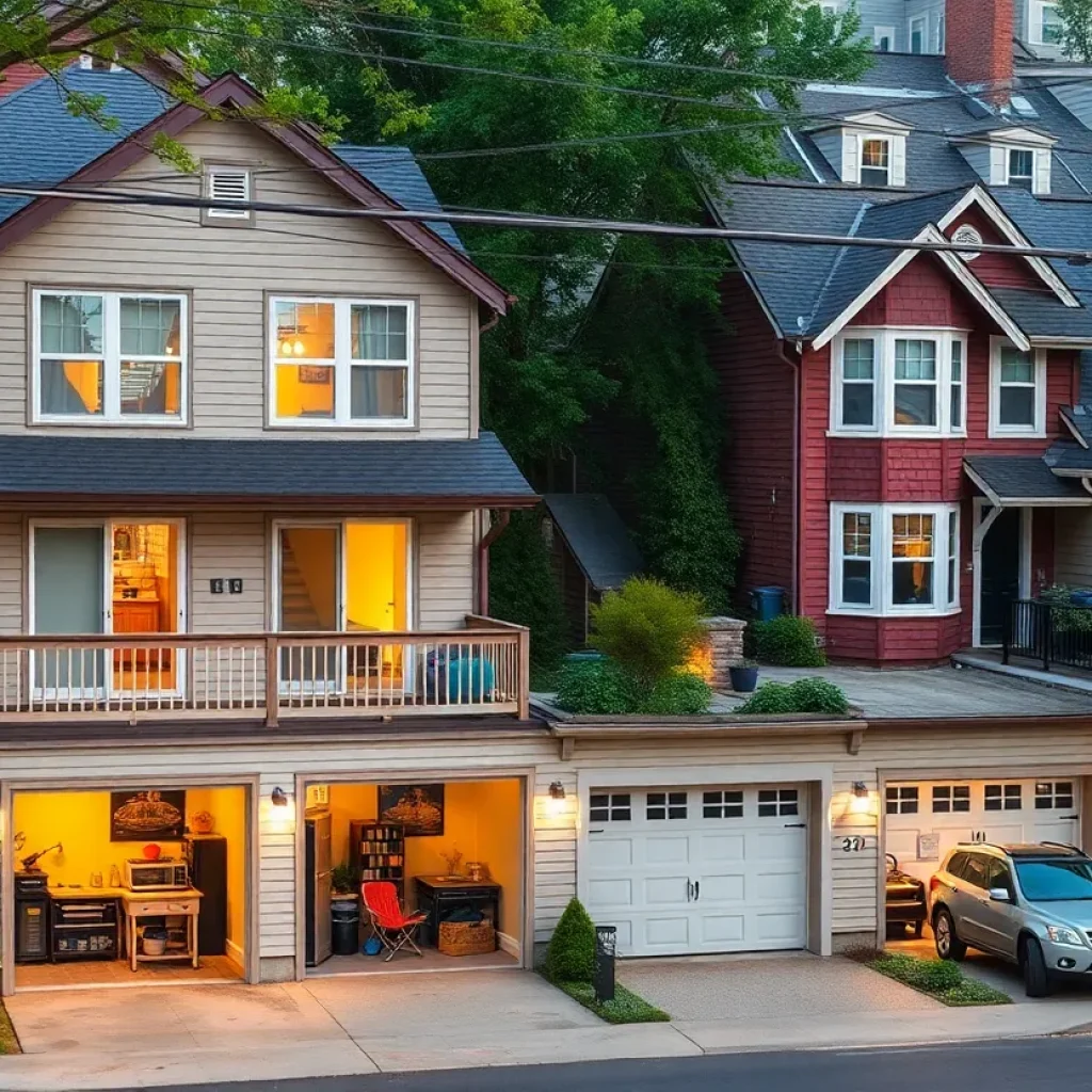 Urban neighborhood with converted garages into homes