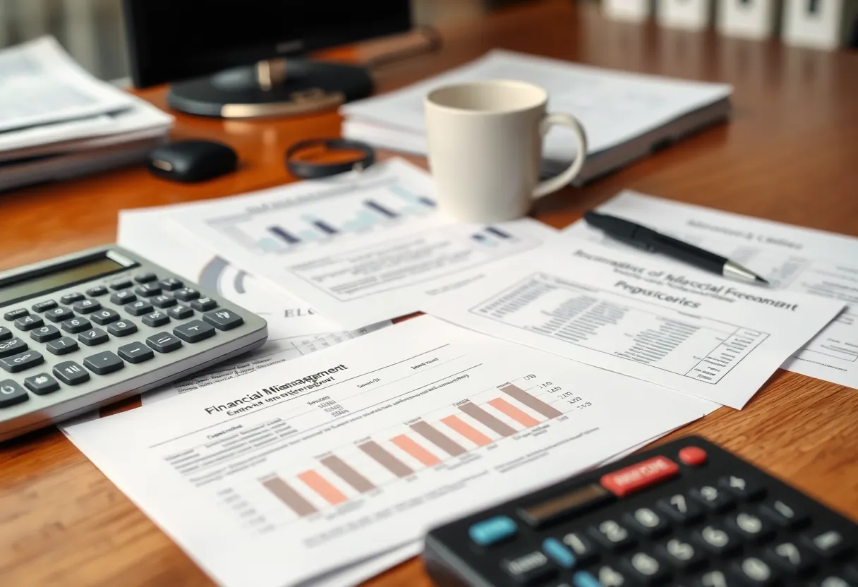Office desk with documents indicating financial issues in insurance agency